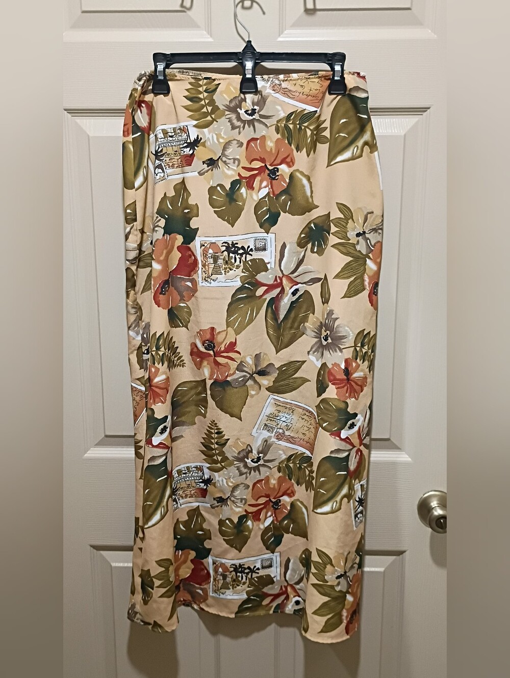 Vintage Tropical Floral Midi Skirt Size Large 90s Cottagecore Boho Beige GUC